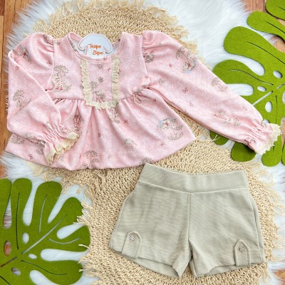 Conj. Blusa Manga Longa Capivarinha e Short Canelado - Rosa e Areia